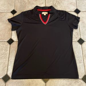 Sport Haley Black V-neck collared shirt.  Red/light blue detail, ruched shoulder